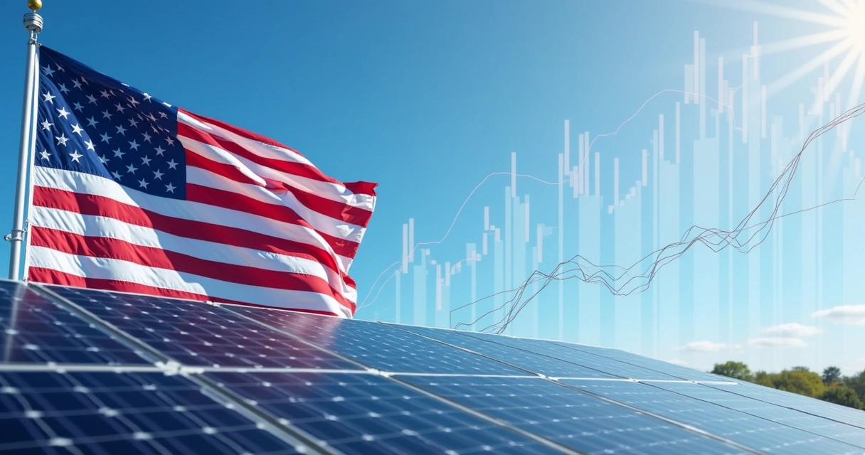 Painel solar com bandeira dos EUA ao fundo e gráfico de tarifas de importação 