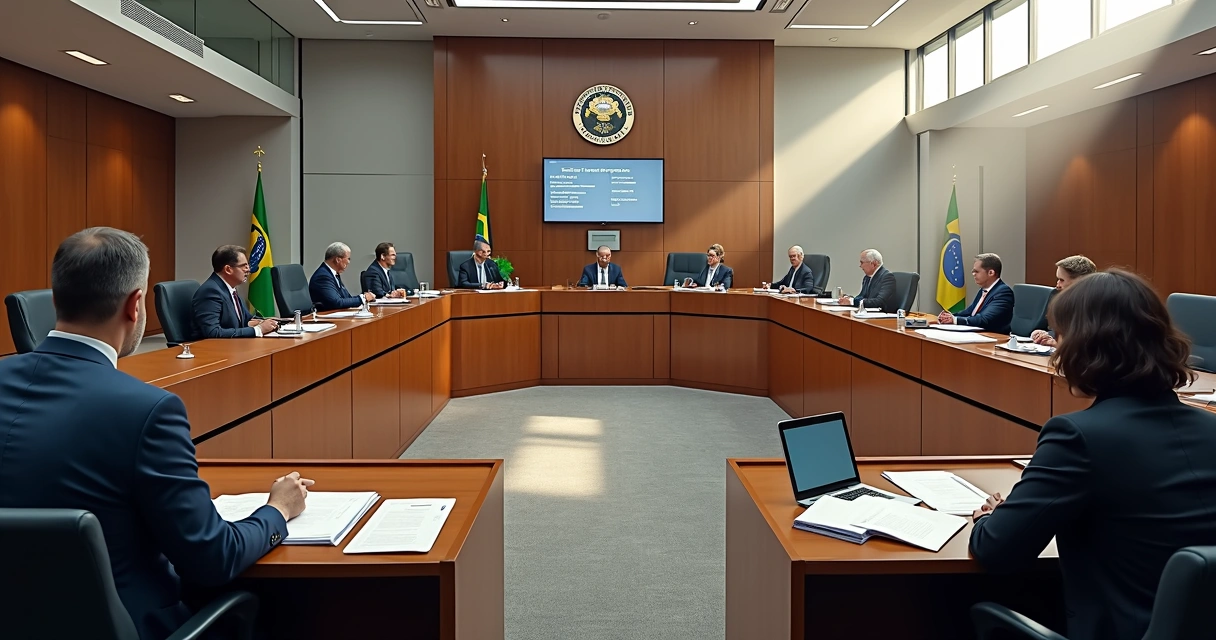 Sala de tribunal com representantes estaduais discutindo políticas públicas