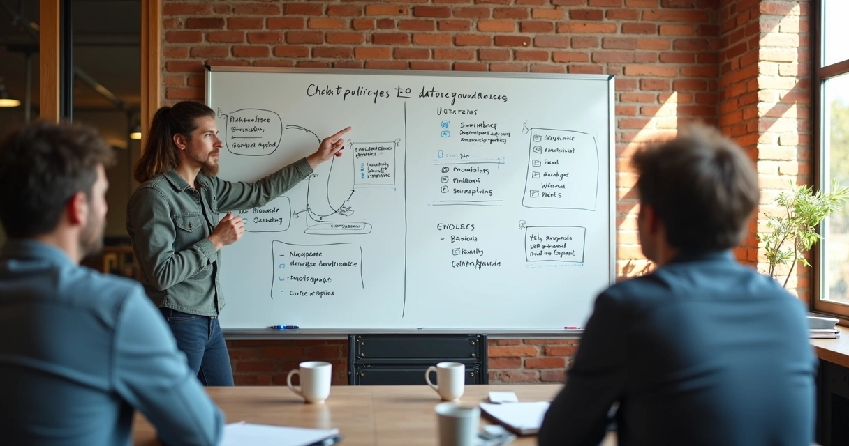 Quadro branco com esquemas de governança de dados desenhados de forma simples 