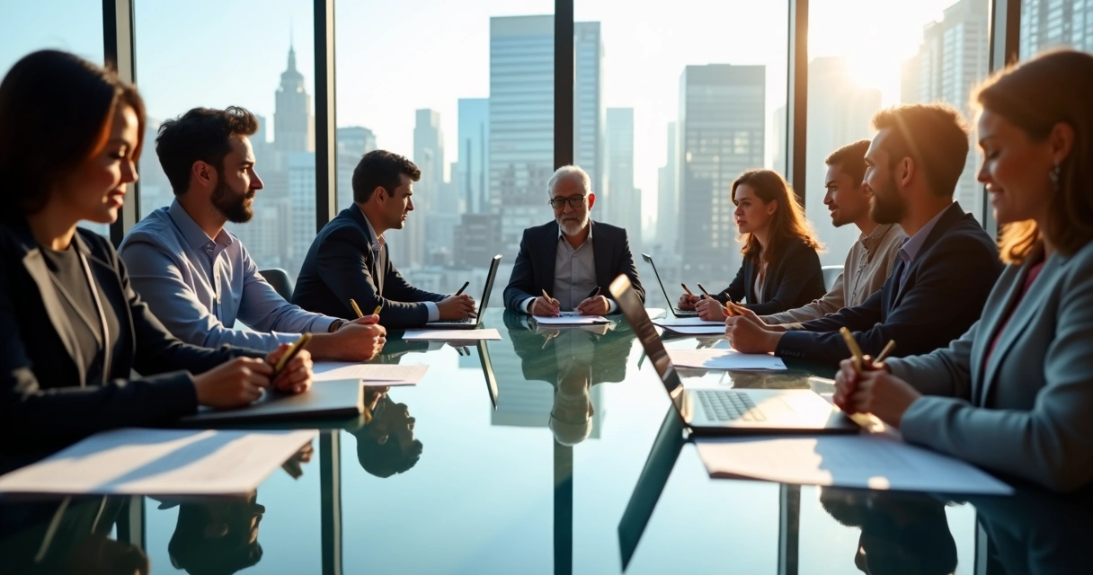 Reunião de equipe avaliando políticas internas em sala moderna 
