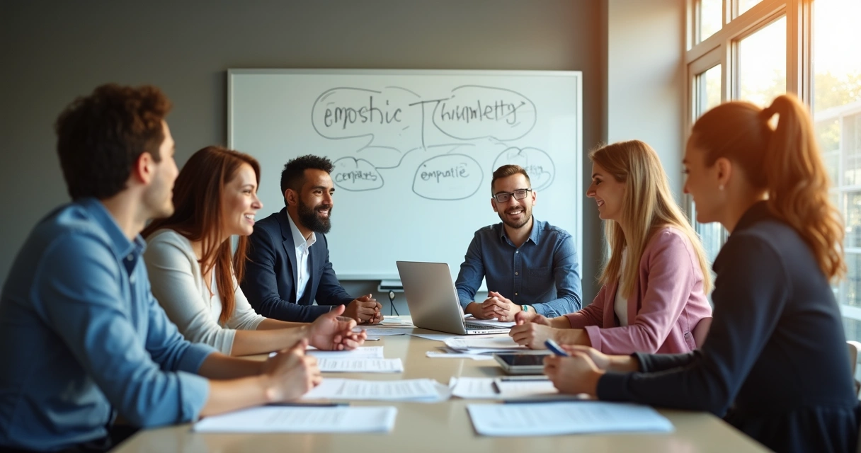 Equipe discutindo ao redor de mesa uma política institucional de empatia 