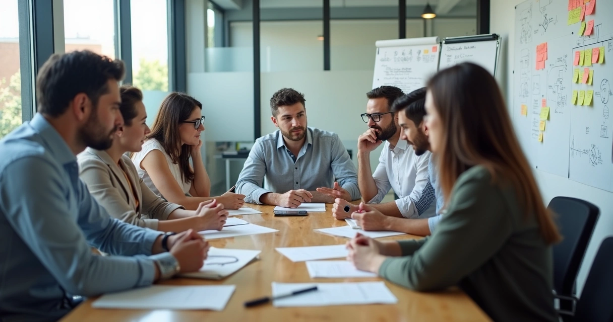 Equipe discutindo políticas internas em uma sala de reunião 