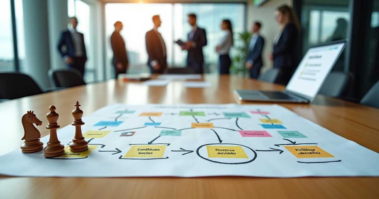 Mesa com fluxograma de políticas internas e peças de xadrez representando estratégia societária 