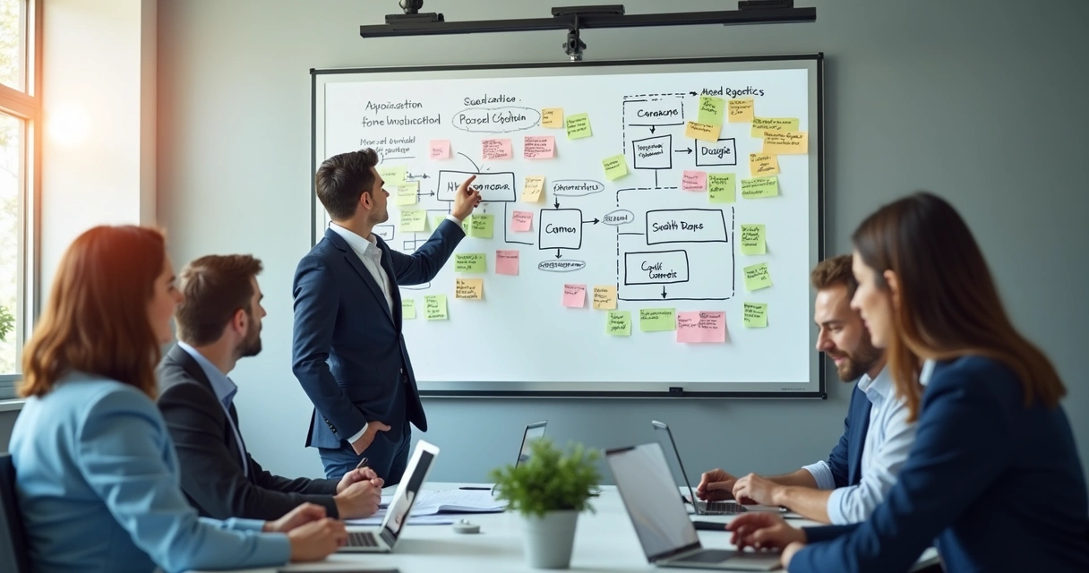 Equipe de TI elaborando políticas de processos em quadro branco 