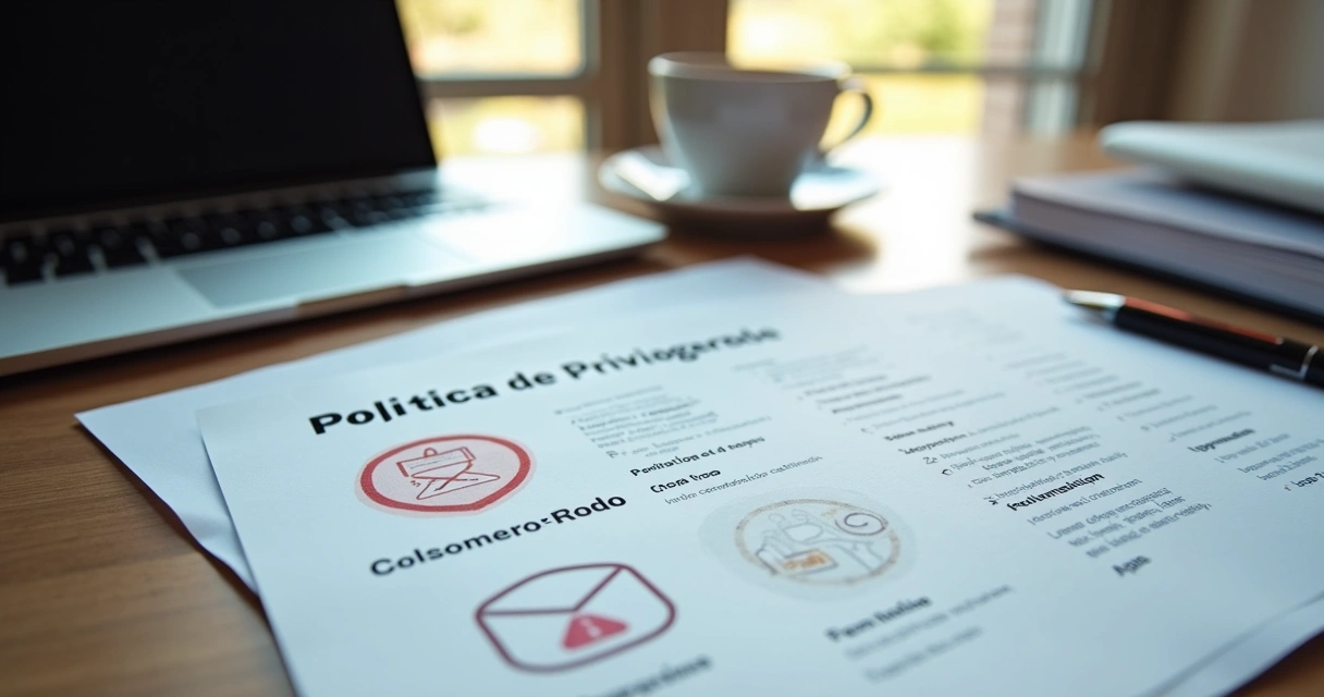 Papéis sobre política de privacidade junto a notebook e caneta 