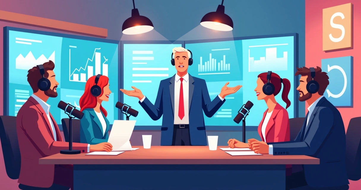 Político explicando ideias em programa de podcast com painel digital ao fundo 
