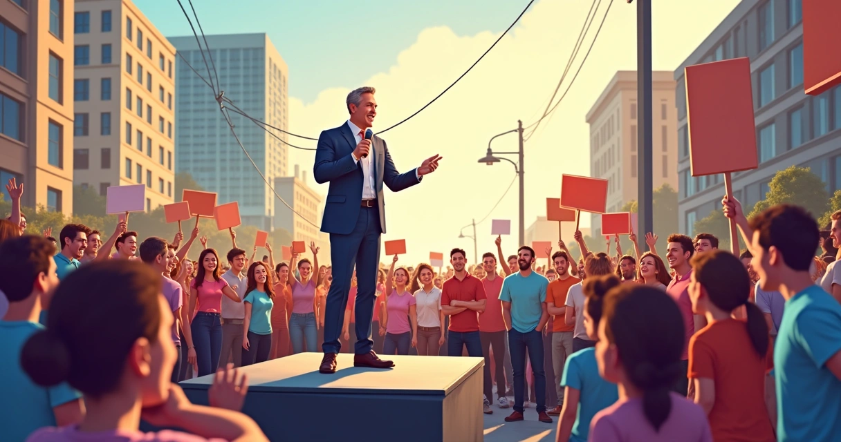 Político discursa em campanha de rua ao ar livre 