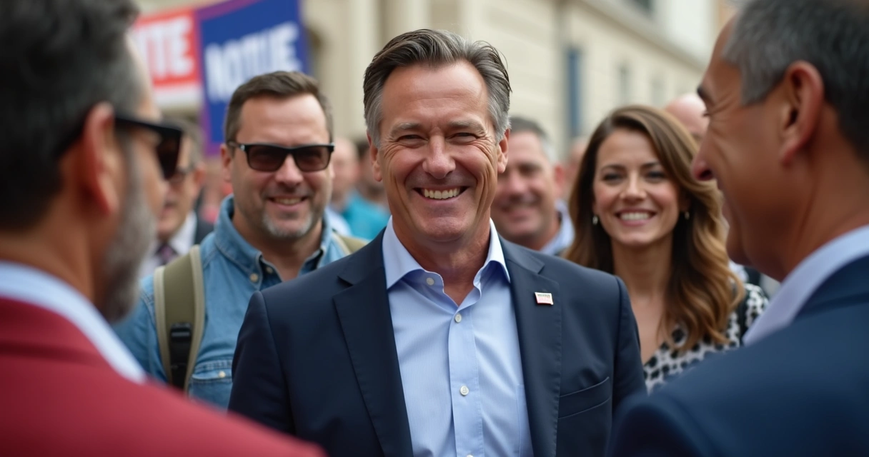 Político conversando com eleitores em evento público 