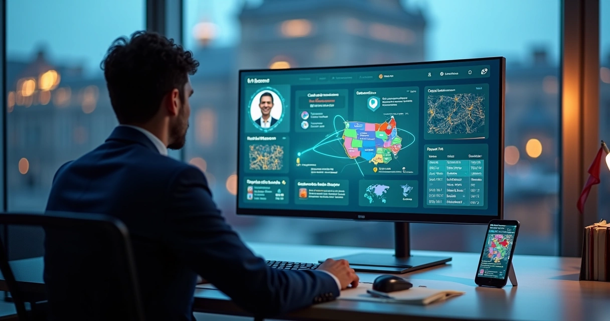Político em videoconferência usando painel de CRM com dados de eleitores 