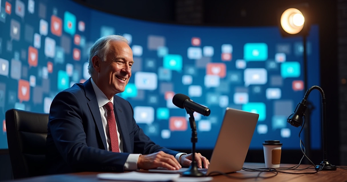 Político sorridente interagindo em transmissão ao vivo, lendo feedback do público