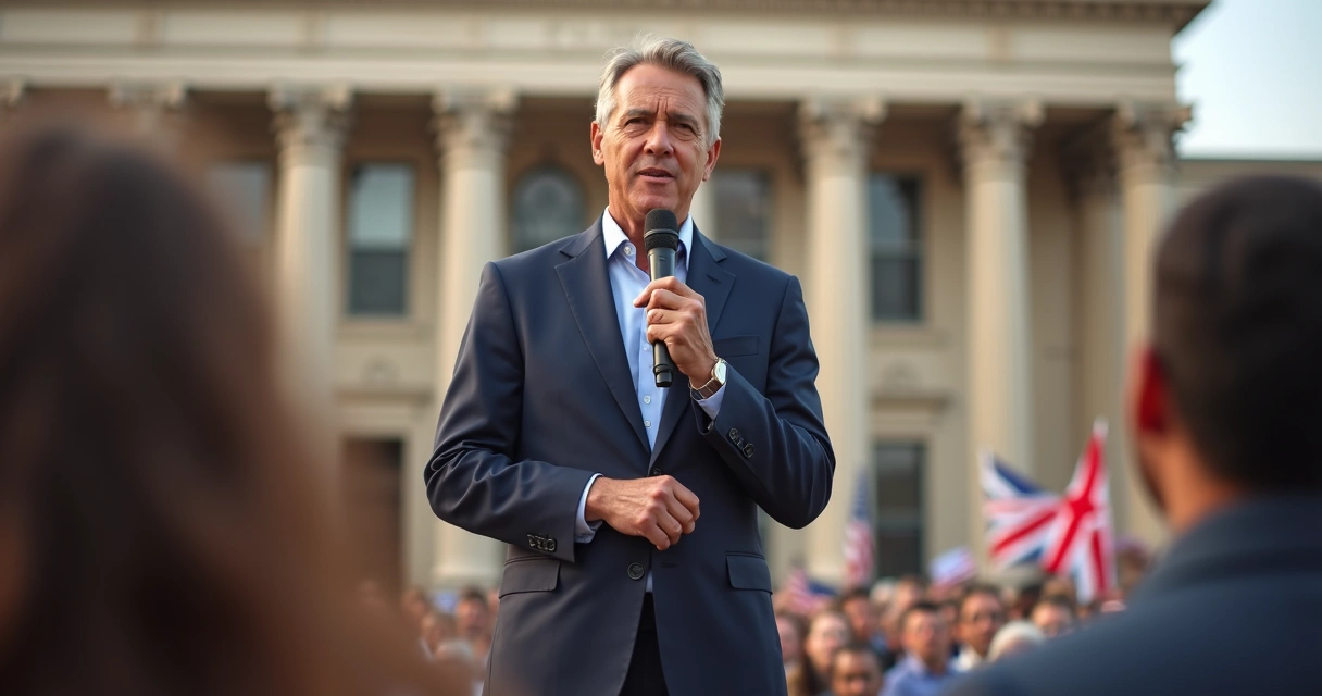 Político em palanque falando ao público com microfone e gestos firmes 