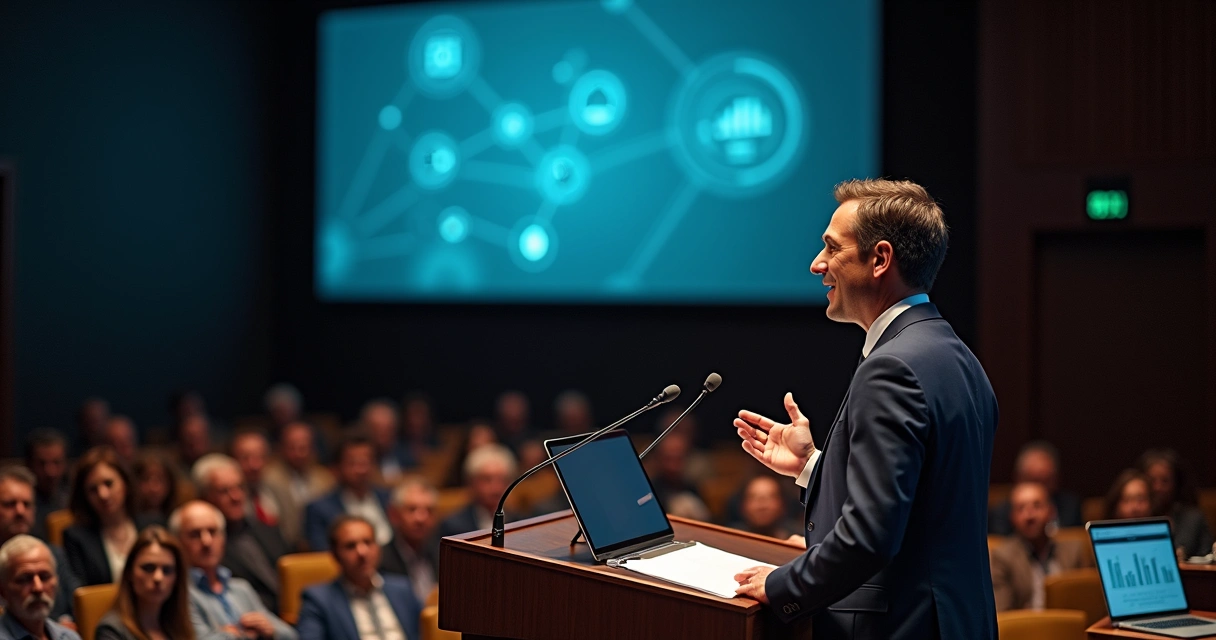 Orador político em palanque falando para plateia atenta 
