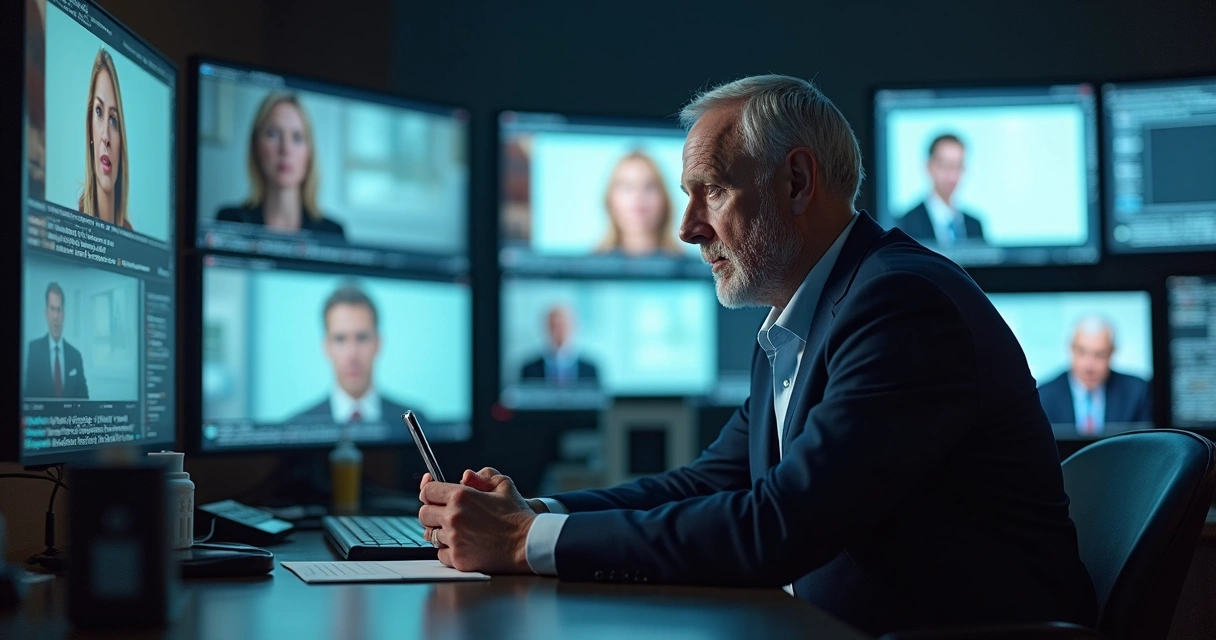 Político usando celular em frente a tela cheia de comentários digitais