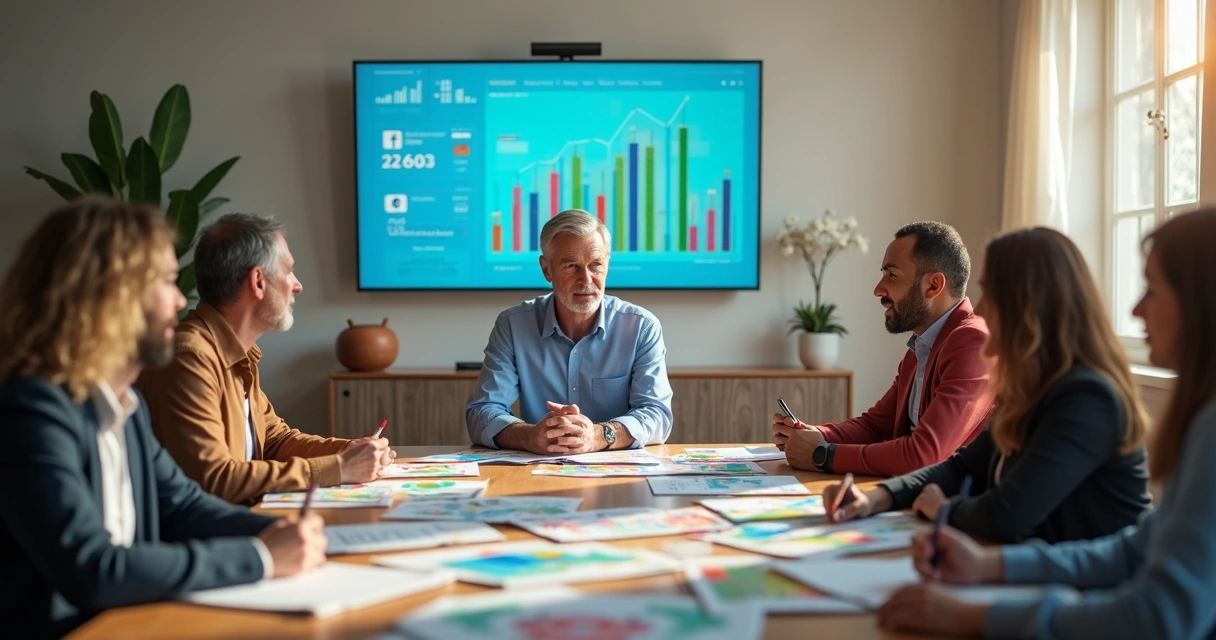 Político em reunião presencial enquanto analisa dados digitais de eleitores em um tablet 