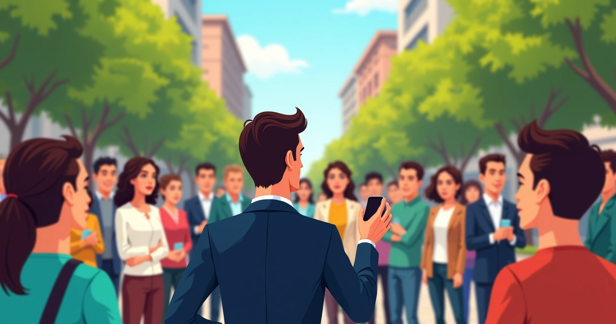 Político de terno falando e acenando para grupo de eleitores em praça pública 