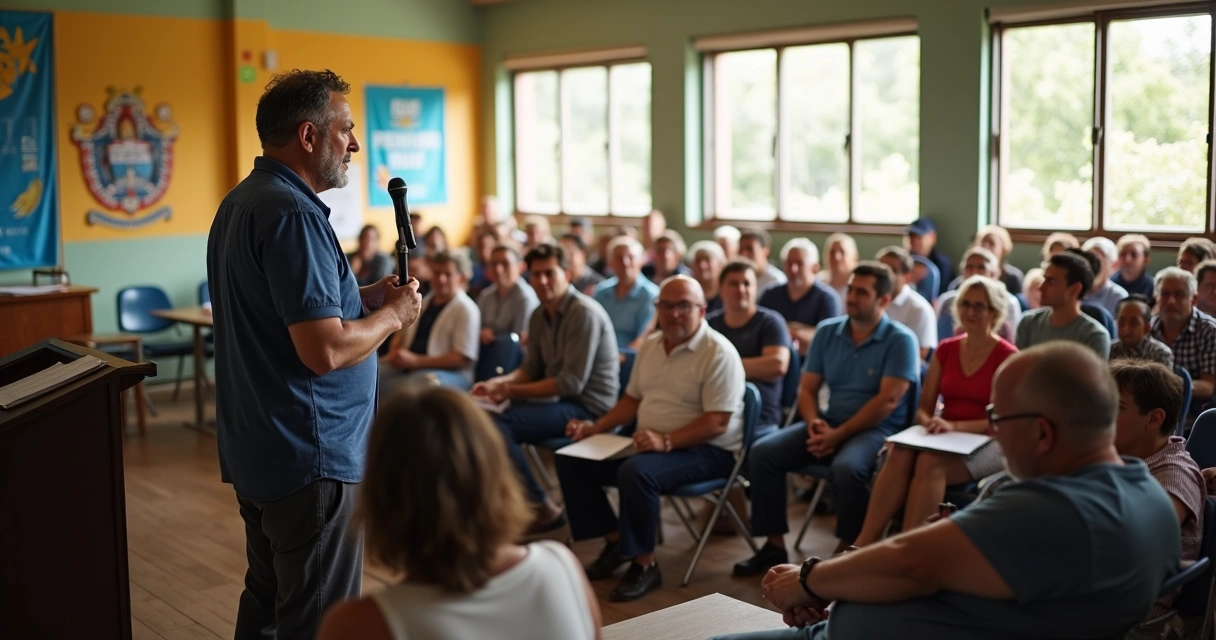 Político falando em microfone para um grupo de eleitores em reunião local 