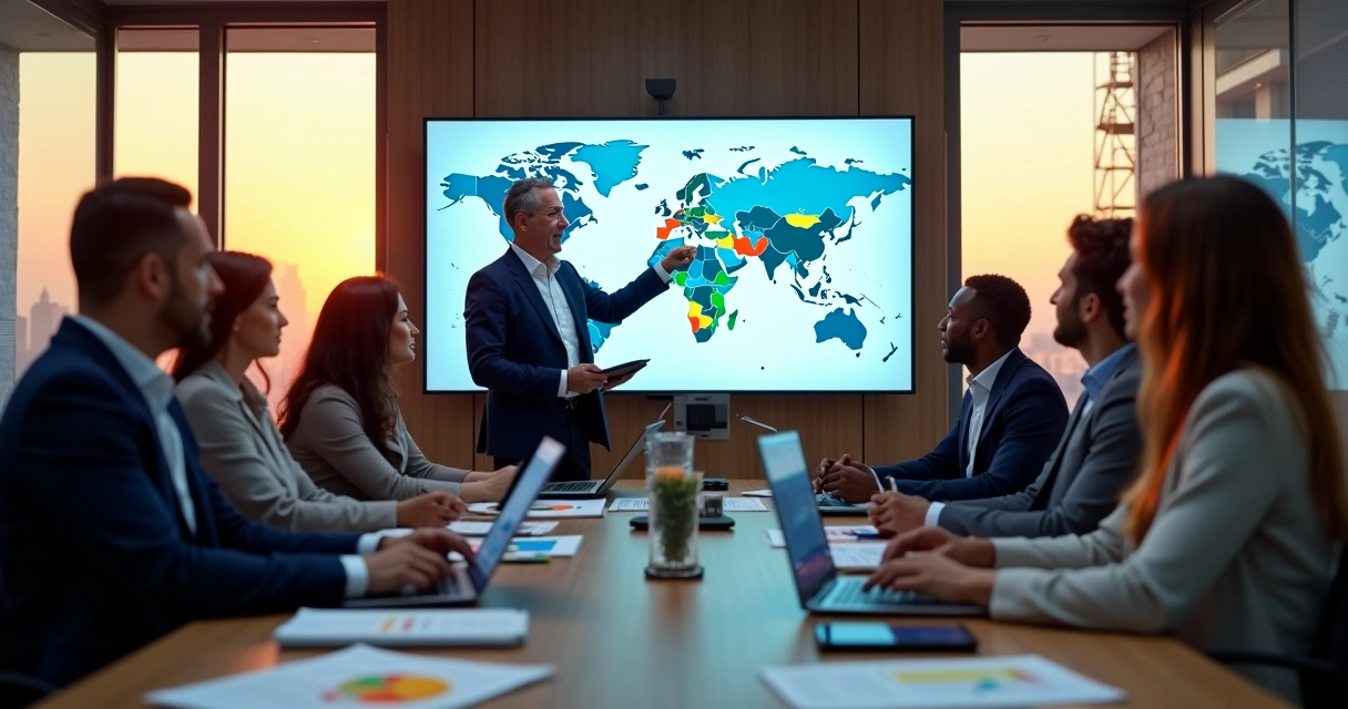 Político em escritório moderno analisando mapa eleitoral digital em tela grande 