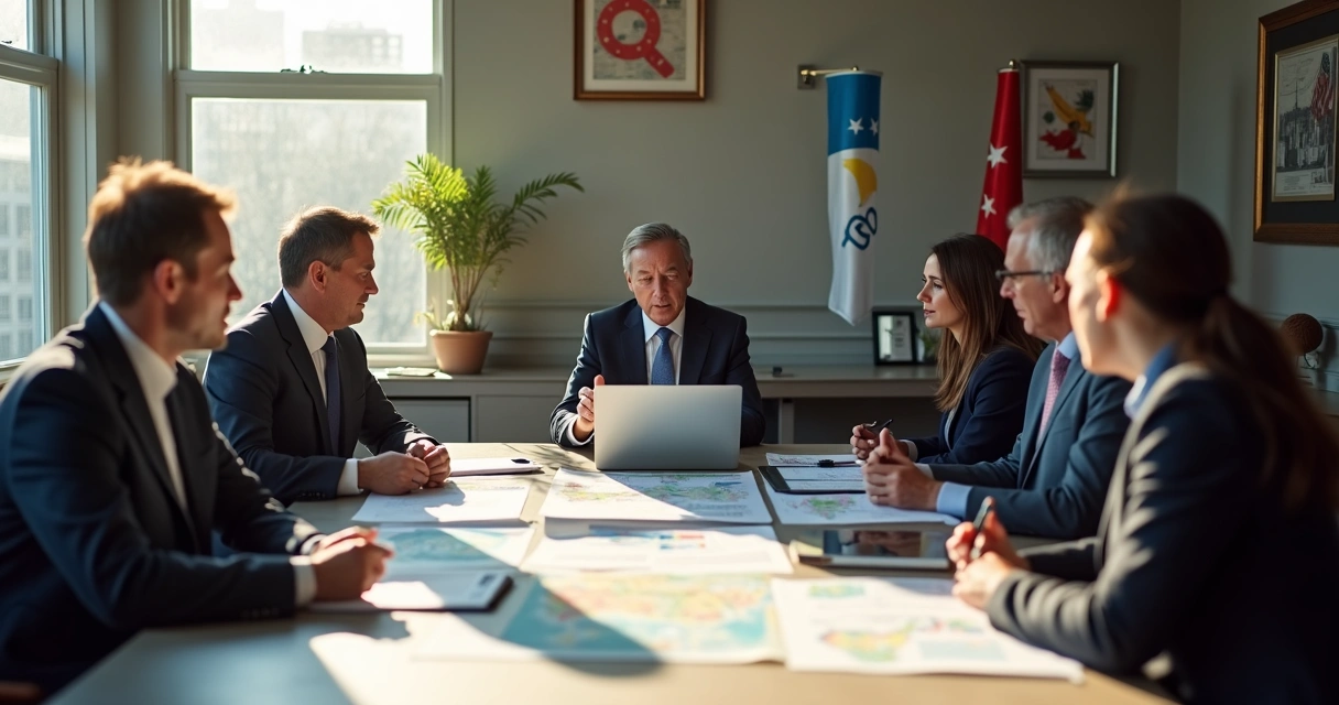 Político revisando base eleitoral com equipe em ambiente de escritório 