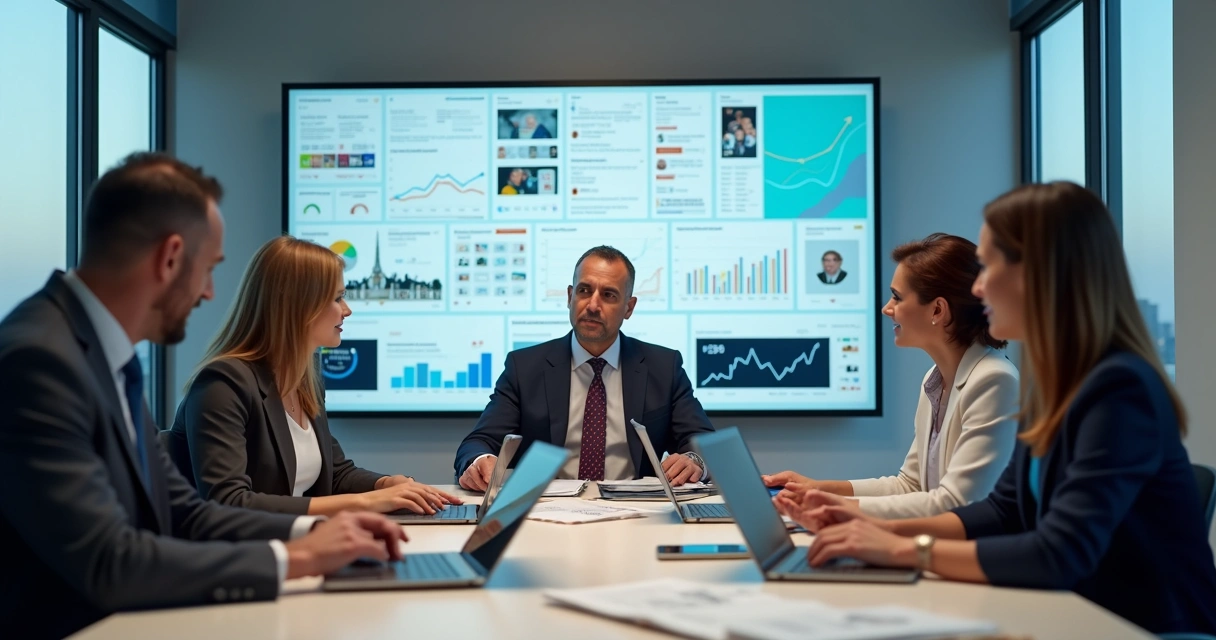 Político em reunião estratégica com equipe analisando redes sociais em telas digitais 