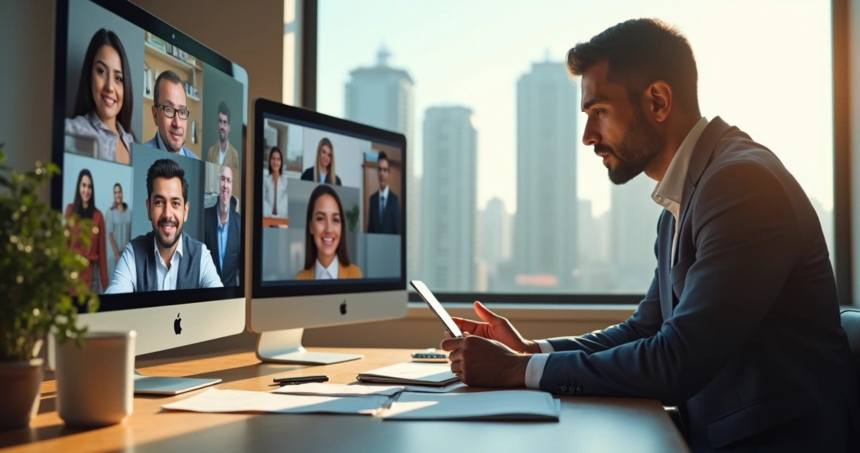 Político em escritório conversando com eleitores em notebook e celular 