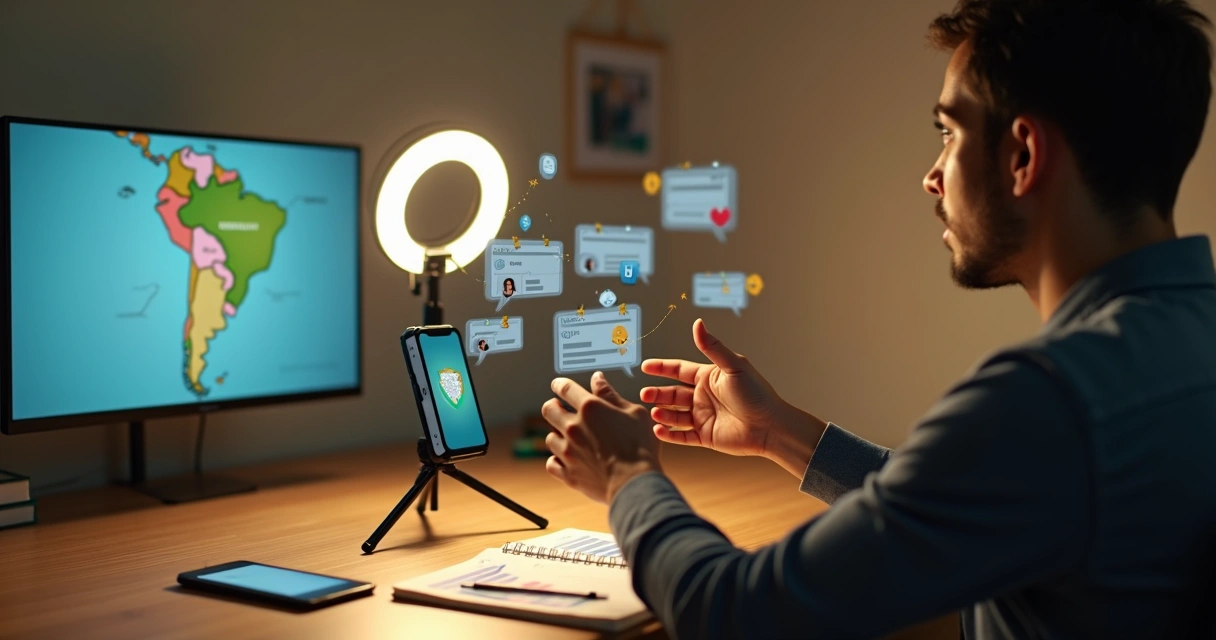 Líder político brasileiro em estúdio doméstico interagindo com eleitores nas redes sociais 