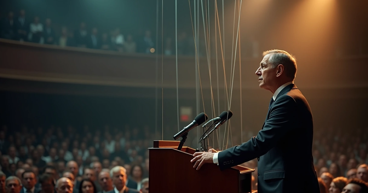 Político em palanque fala para multidão enquanto marionetista oculto controla fios do microfone 