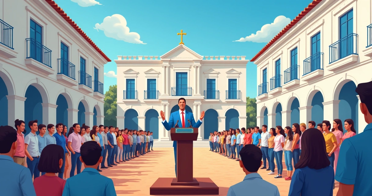 Candidato político discursando em praça pública de cidade histórica de Minas Gerais, pessoas ao redor e prédios coloniais ao fundo 
