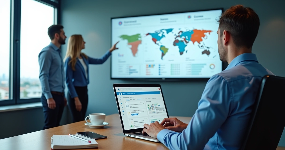 Político analisando base de eleitores em painel digital com equipe 