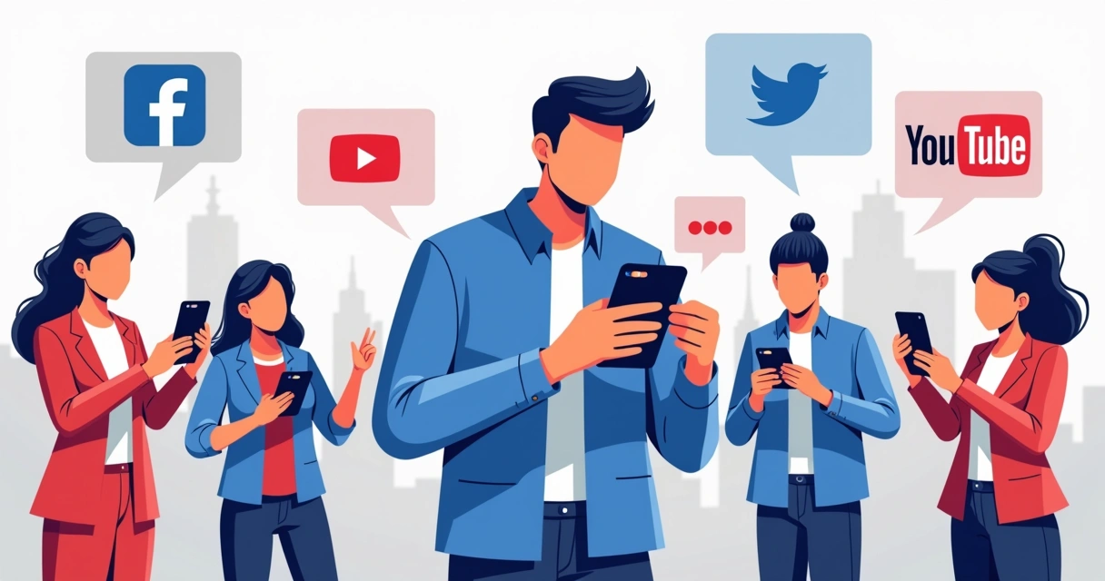 Candidato segurando smartphone com ícones de redes sociais ao fundo, banners de campanha nas mãos de eleitores