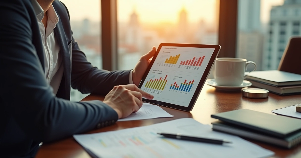 Político respondendo pesquisa em tablet, tela mostrando gráfico colorido 