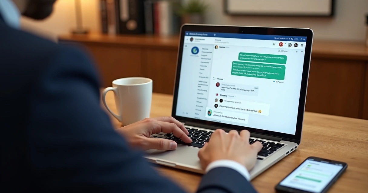 Político usando notebook para interagir digitalmente com eleitores em ambiente informal 