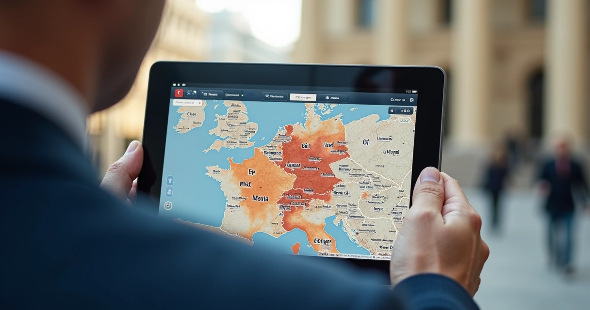 Político consultando mapa de eleitores em tablet 