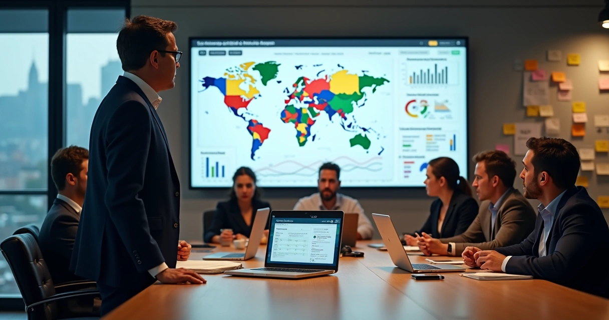 Político em escritório de campanha analisando dados eleitorais em telas digitais 