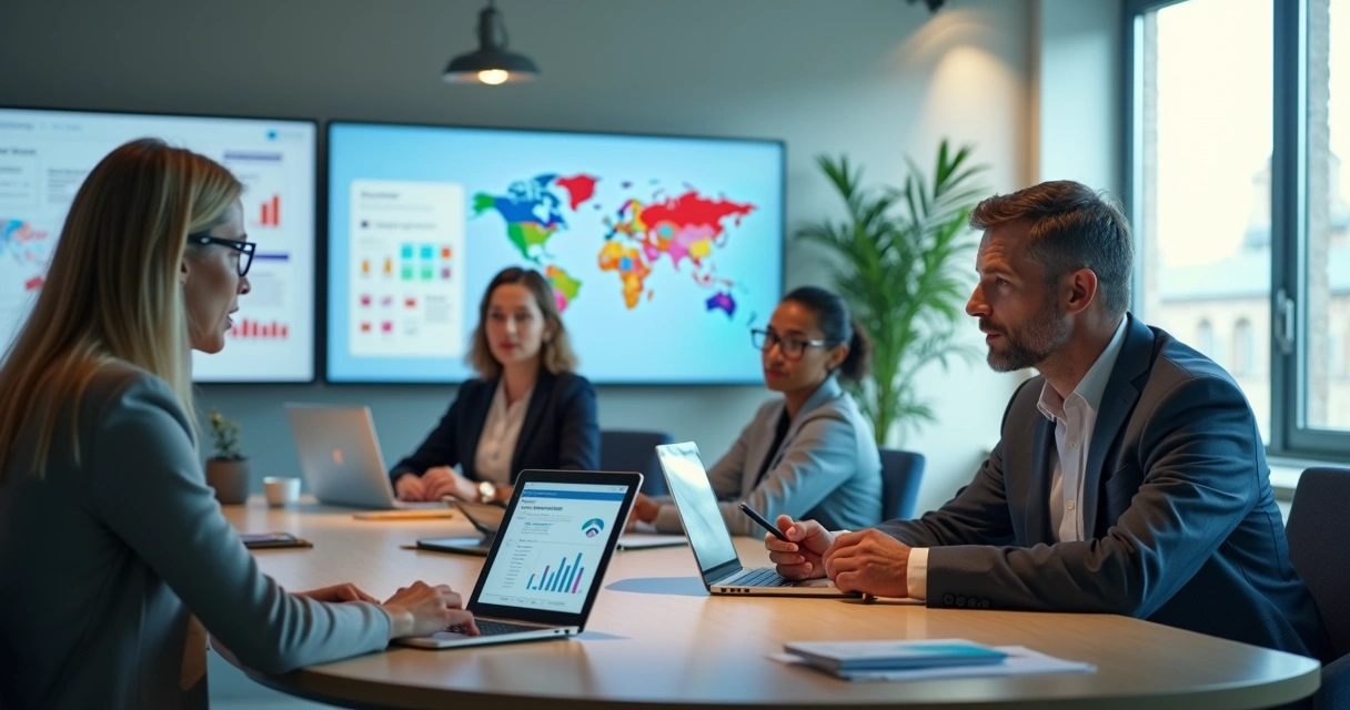 Candidato conversando com eleitora enquanto equipe analisa gráficos em notebook 