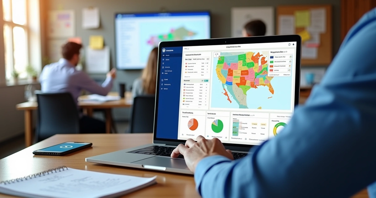 Candidato analisando painel de CRM com mapa eleitoral e lista de eleitores em notebook 