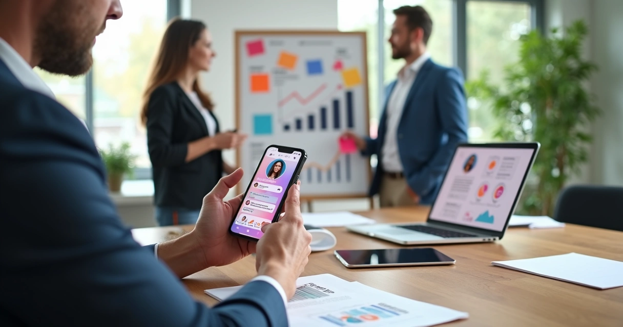 Político analisando perfil no Instagram em smartphone durante reunião de estratégia 