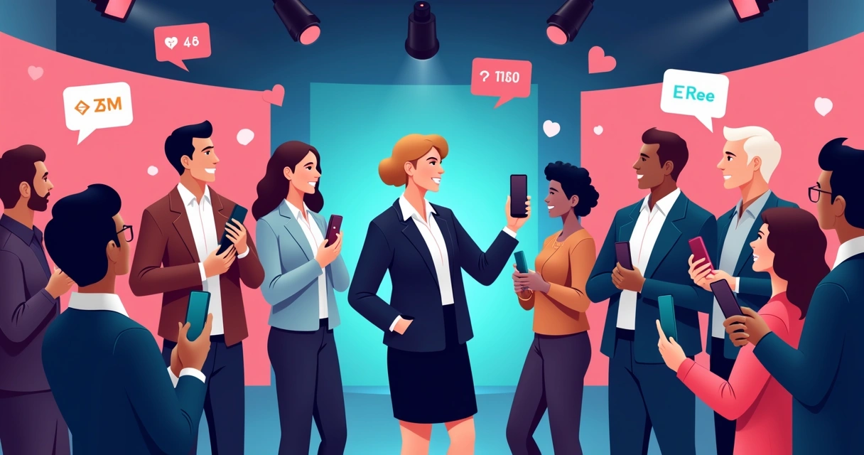Políticos segurando celulares gravando vídeos em formato vertical, fundo moderno e icônico do TikTok 