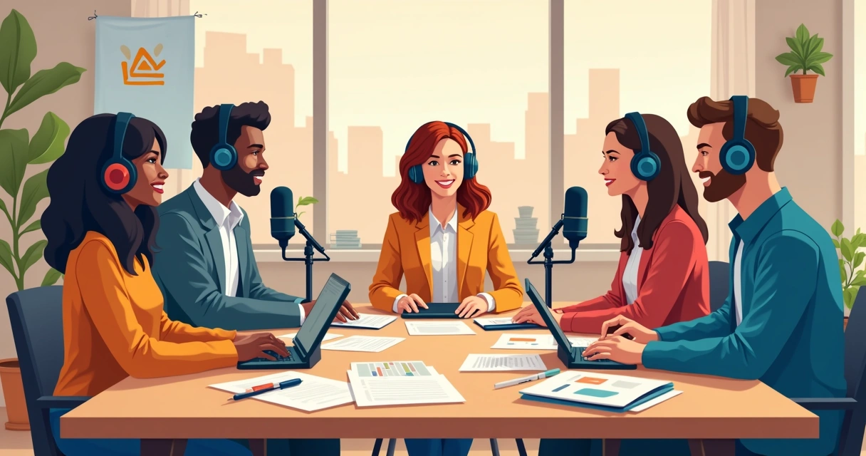 Equipe política gravando podcast juntos