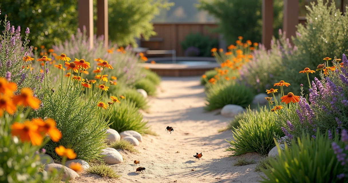 Native flowering path with bees, butterflies, shrubs, and water bowls 
