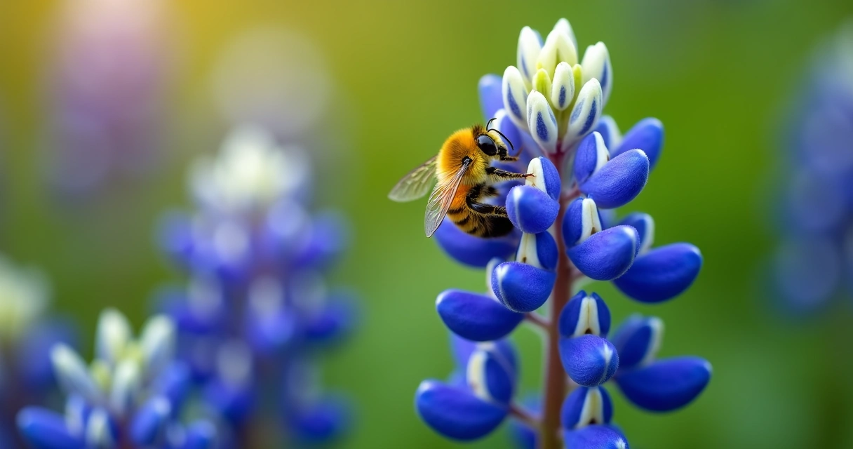 Bee pollinating bluebonnet flower 