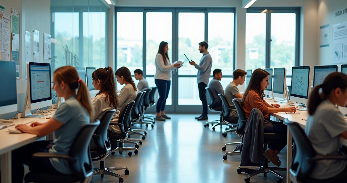 Sala de polo de apoio presencial com computadores e estudantes 