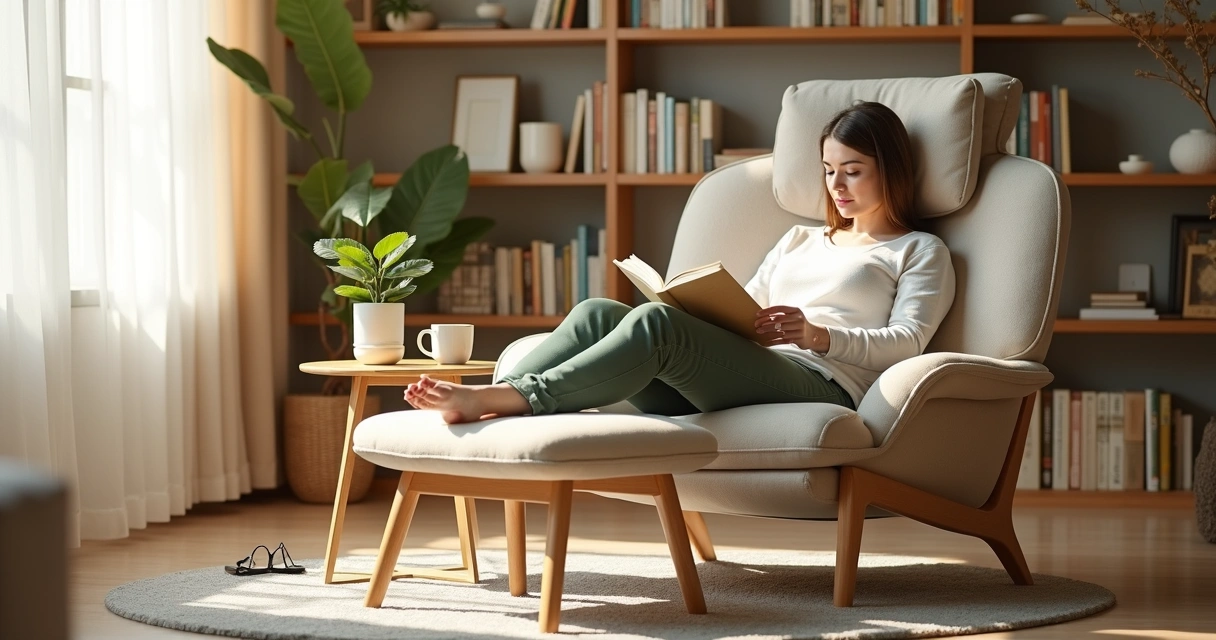 Pessoa lendo em poltrona confortável ao lado de estante de livros 