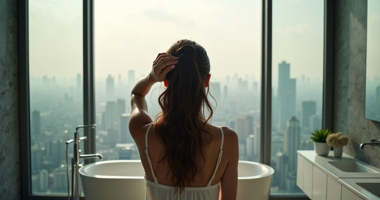 Pessoa limpando cabelo em ambiente urbano com poluição no fundo 