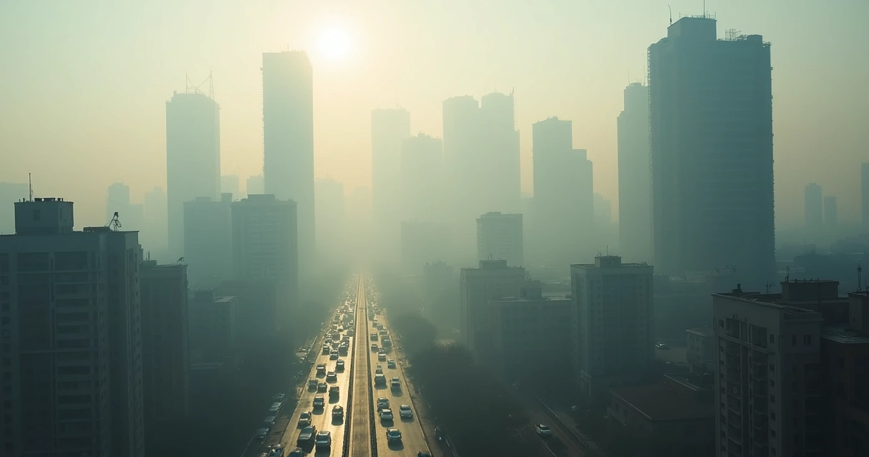 Poluição densa em centro urbano, edifícios cobertos por neblina e fumaça 