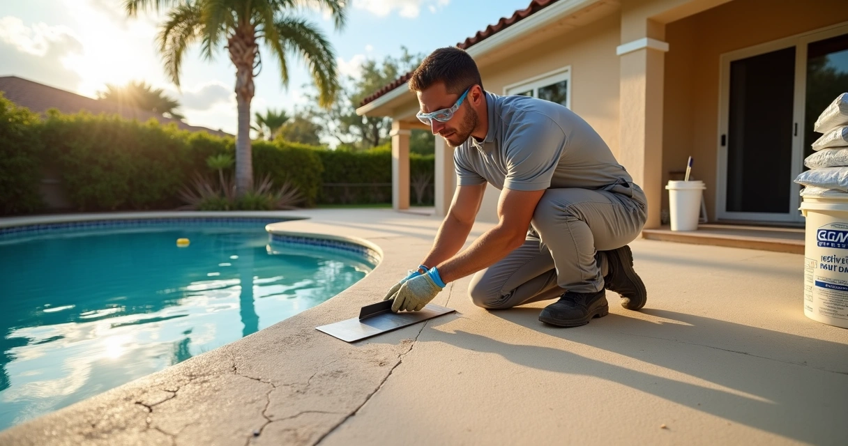 Technician applying polymer concrete overlay to a residential pool deck in Orlando 