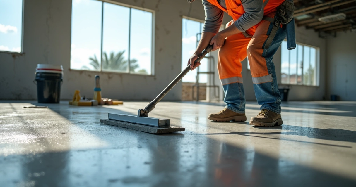Worker applying polymer overlay to concrete floor in daylight 