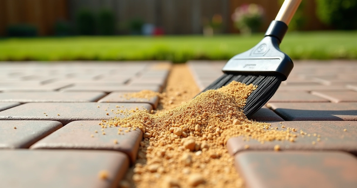 Close-up of polymeric sand being applied between outdoor paver joints under bright daylight 