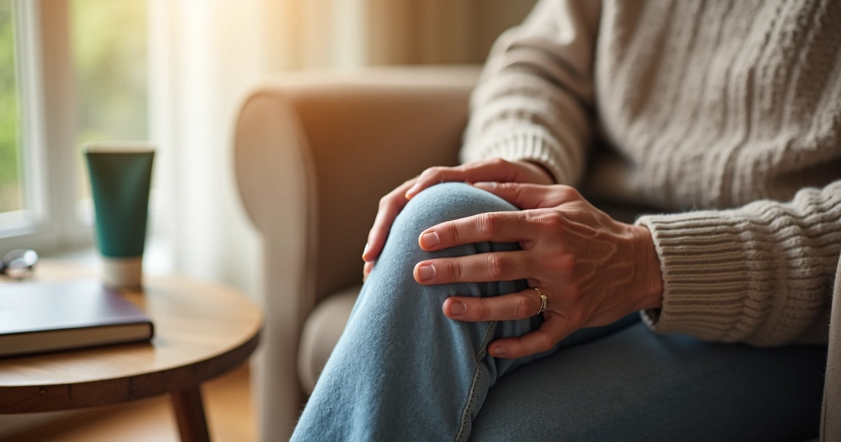 Pessoa idosa passando pomada no joelho sentado em casa 