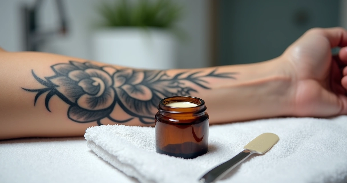 Pote de creme manipulado ao lado de tatuagem no braço 