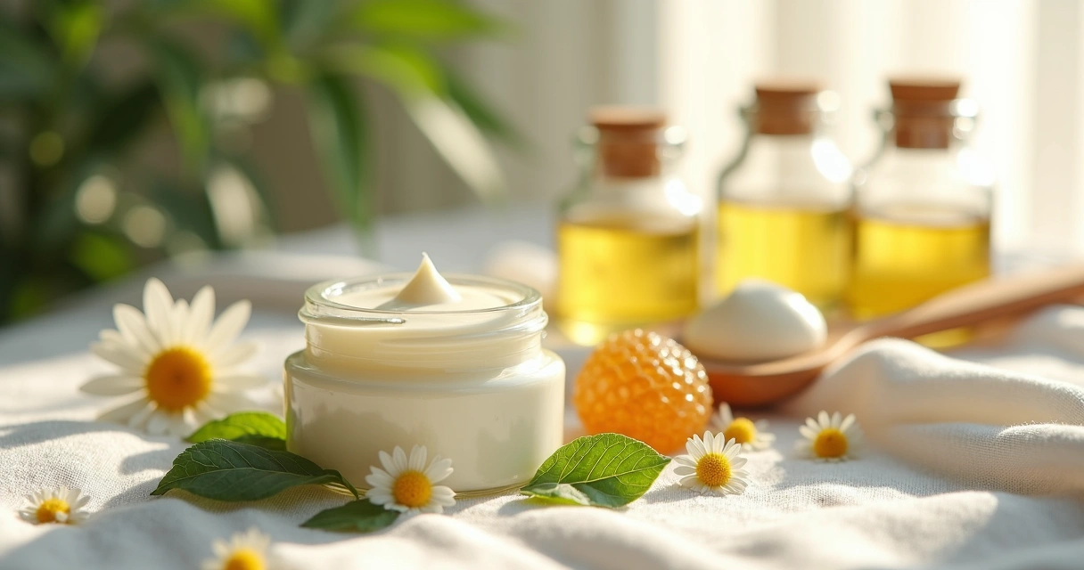 Pomada natural para assaduras ao lado de elementos naturais e frascos em fundo claro 